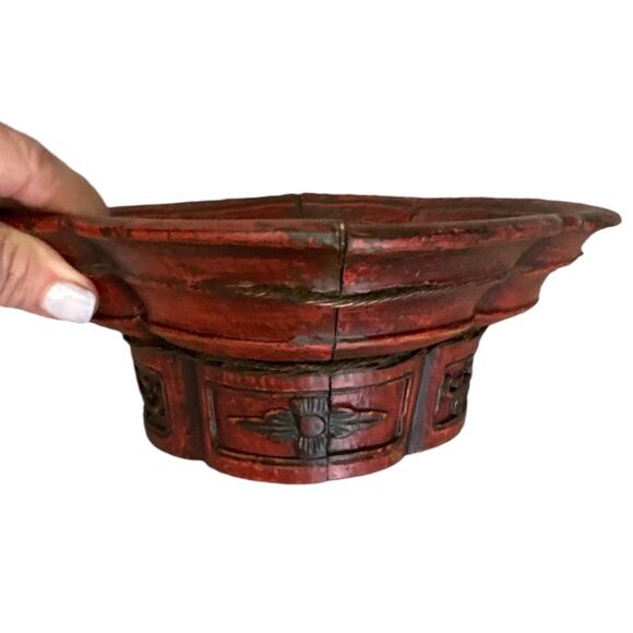 Vintage Hand Created Chinese Carved Wooden Red Gold Bowl - Picture 5 of 12